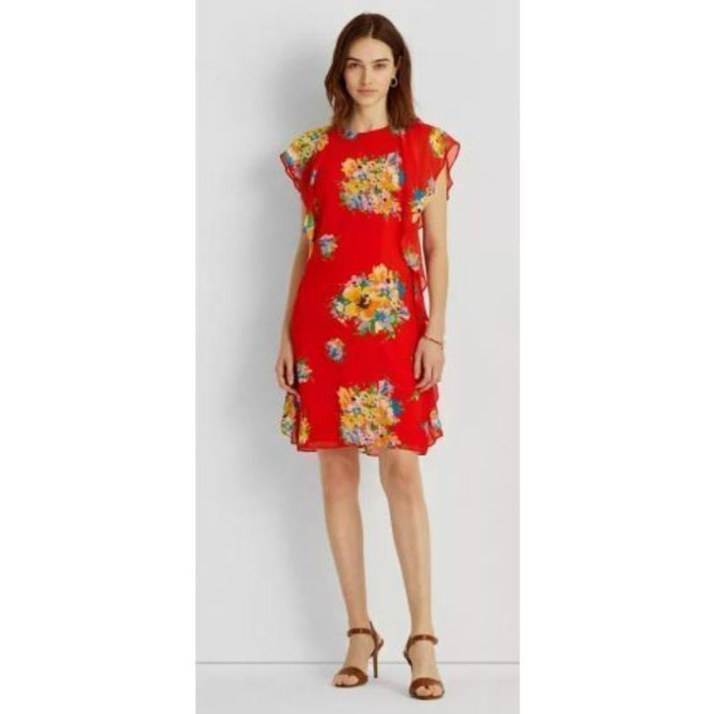 Lauren Ralph Lauren Lace Petite Floral Ruffle Sleeve Dress Size 4P 4 P - Picture 2 of 4